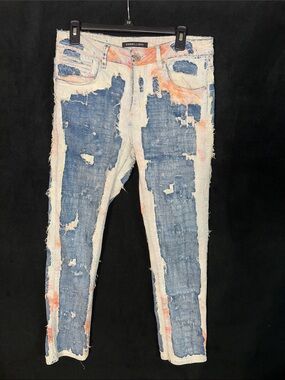Embellish White & Blue Distressed Straight Jeans with Orange Wash